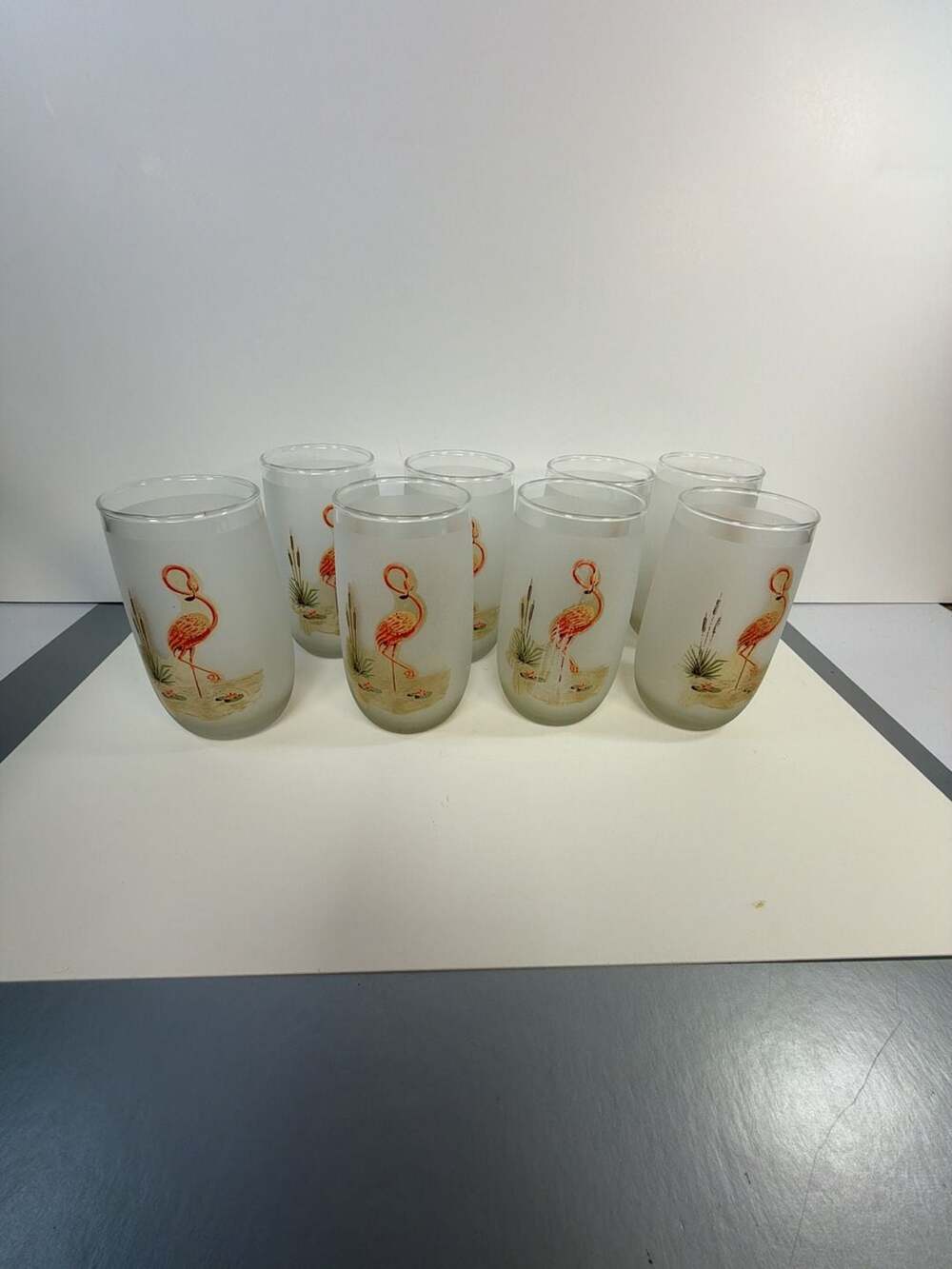 Vintage Frosted Glass Flamingo Tumbler Drinking Glasses, Set of 8